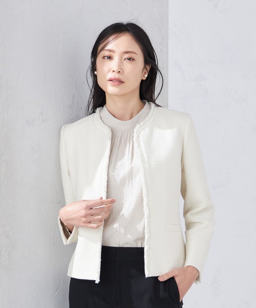 A/C DESIGN BY ALPHA CUBIC（エーシーデザインバイアルファキュービック）の「【セットアップ対応】ツイードジャケット（ノーカラージャケット・レディース・ネイビー/ベージュ・11号/9号/13号）」の22枚目の写真