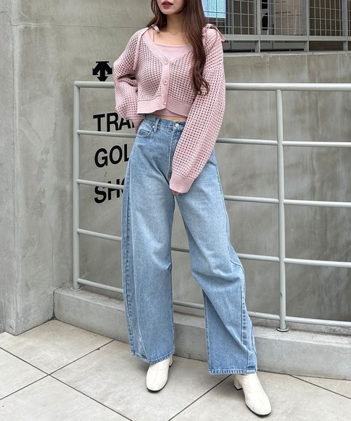 INGNI（イング）の「メッシュカーディガン＋肩リボンキャミSET