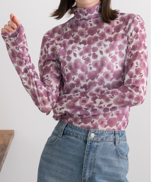 ad thie(アドティエ)の「フラワー・ハイネック シアートップス(Tシャツ/カットソー・レディース・イエロー/ピンク・FREE)」の1枚目の写真