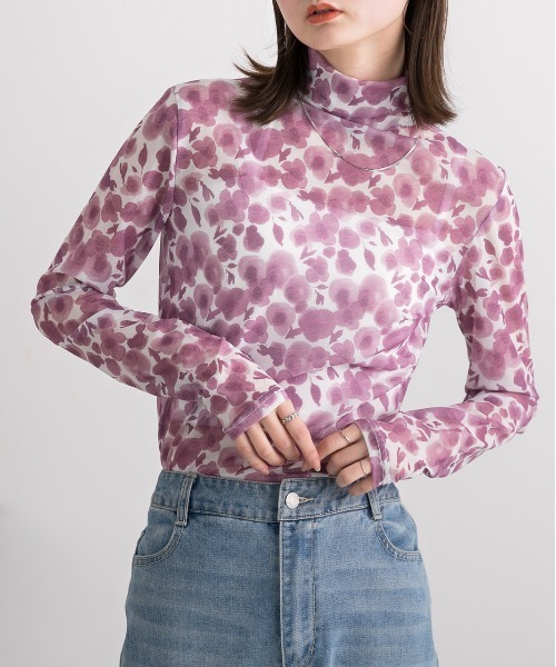ad thie(アドティエ)の「フラワー・ハイネック シアートップス(Tシャツ/カットソー・レディース・イエロー/ピンク・FREE)」の5枚目の写真