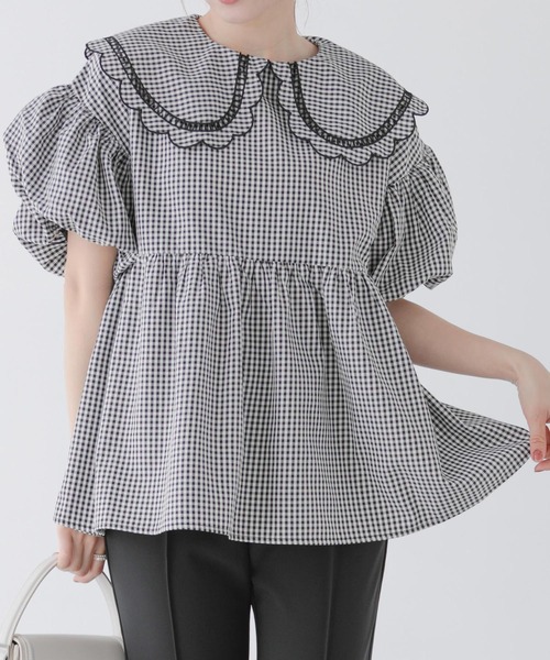 フィットモア♡ ギンガムスカラップ襟ブラウス セール】ギンガムスカラップ襟ブラウス（シャツ/ブラウス）｜Fit