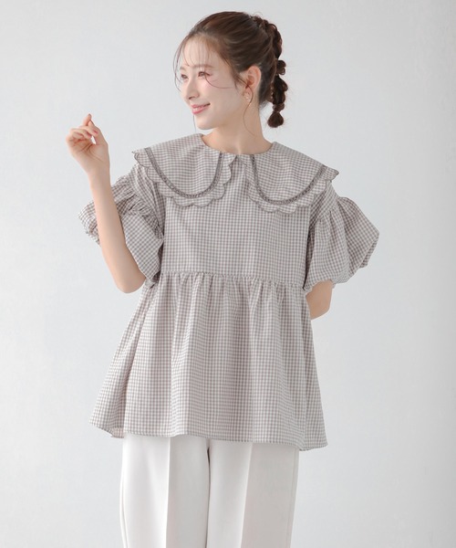 ギンガムスカラップ襟ブラウス（シャツ/ブラウス）｜Fit more