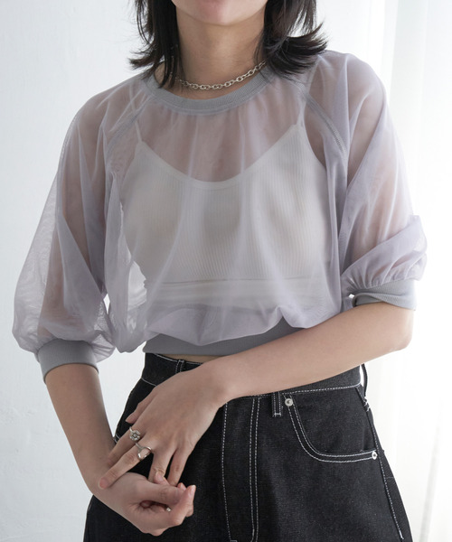 VENCEEXCHANGE(ヴァンスエクスチェンジ)の「チュール五分袖ショートプルオーバー(Tシャツ/カットソー・レディース・オフホワイト/ブラック/グレー・FREE)」の3枚目の写真