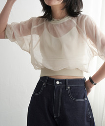チュール五分袖ショートプルオーバー