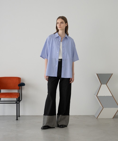 Sillage Collorless Shirt ブルーストライプシャツ obtbamsic_slec-shst-wh