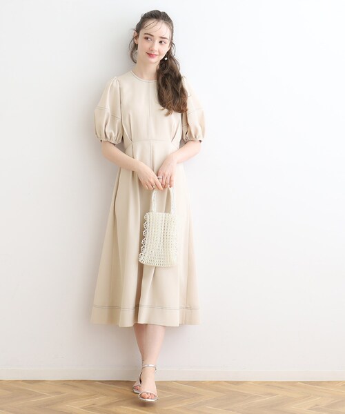 couture brooch（クチュールブローチ）の「◆配色ステッチランタンスリーブワンピース（ワンピース・レディース・ナチュラル/ブラック/アイボリー・36/38）」の4枚目の写真