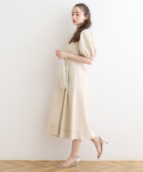 couture brooch（クチュールブローチ）の「◆配色ステッチランタンスリーブワンピース（ワンピース・レディース・ナチュラル/ブラック/アイボリー・36/38）」の5枚目の写真