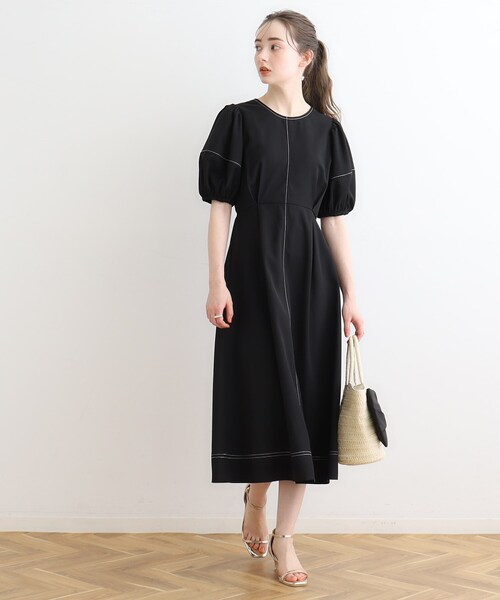 couture brooch（クチュールブローチ）の「◆配色ステッチランタンスリーブワンピース（ワンピース・レディース・ナチュラル/ブラック/アイボリー・36/38）」の13枚目の写真