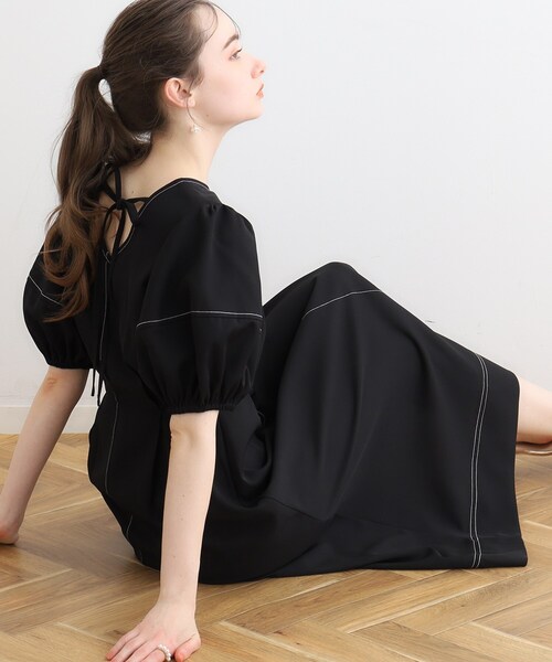 couture brooch（クチュールブローチ）の「◆配色ステッチランタンスリーブワンピース（ワンピース・レディース・ナチュラル/ブラック/アイボリー・36/38）」の15枚目の写真