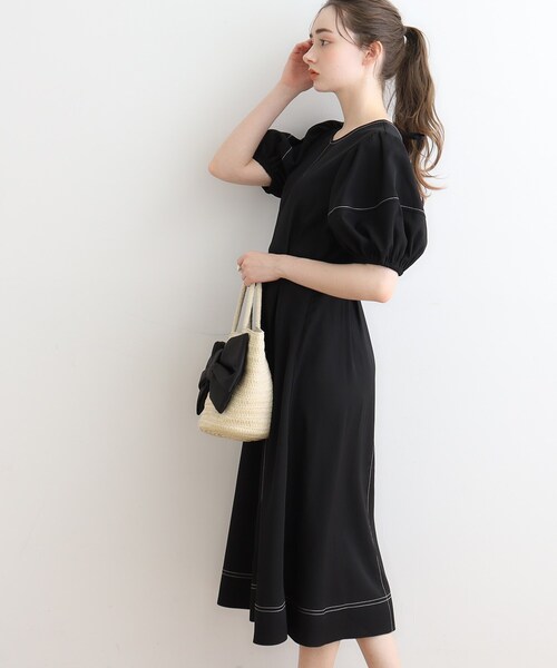 couture brooch（クチュールブローチ）の「◆配色ステッチランタンスリーブワンピース（ワンピース・レディース・ナチュラル/ブラック/アイボリー・36/38）」の18枚目の写真