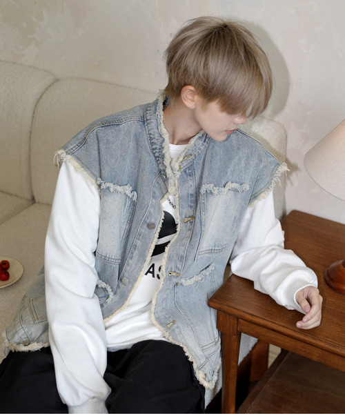 neos(ネオス)の「【neos】ルーズシルエット ビンテージウォッシュ フリンジ ノーカラー デニム ベスト(ベスト・メンズ・ブルー系その他/ブラック/サックスブルー・MEDIUM/LARGE/X-LARGE)」の12枚目の写真