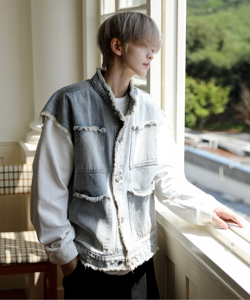 neos(ネオス)の「【neos】ルーズシルエット ビンテージウォッシュ フリンジ ノーカラー デニム ベスト(ベスト・メンズ・ブルー系その他/ブラック/サックスブルー・MEDIUM/LARGE/X-LARGE)」の14枚目の写真