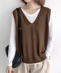 美品　45R レディースサマーニットベスト J by blue ベスト ジレ Vネックサマーニットベスト レディース