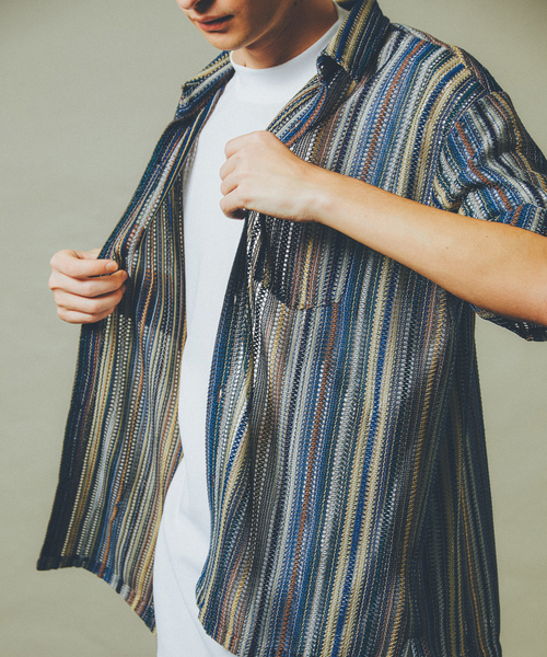 AH ABAHOUSE（エーエイチアバハウス）の「【AH ABAHOUSE】透かし編み 半袖 シャツ（シャツ/ブラウス・メンズ・イエロー/オレンジ/ブラウン/ブラック/ブルー/パープル/その他・48/46）」の2枚目の写真