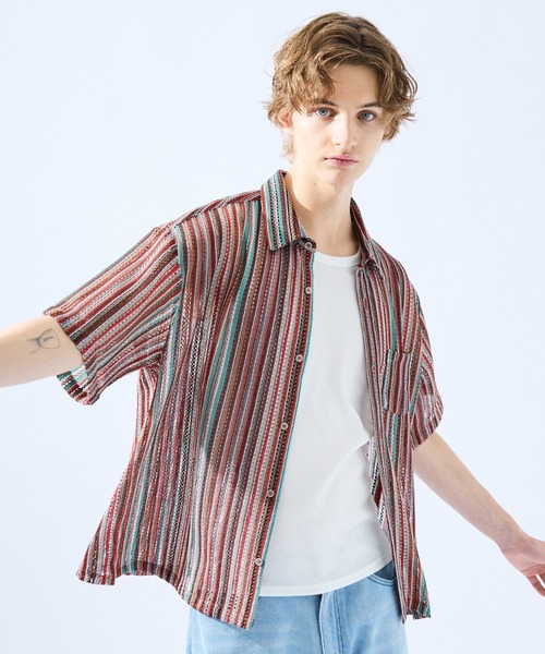 AH ABAHOUSE（エーエイチアバハウス）の「【AH ABAHOUSE】透かし編み 半袖 シャツ（シャツ/ブラウス・メンズ・イエロー/オレンジ/ブラウン/ブラック/ブルー/パープル/その他・48/46）」の7枚目の写真