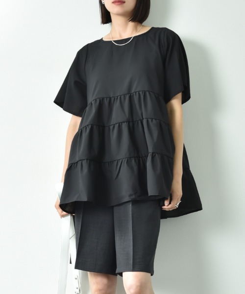 INTERPLANET（インタープラネット）の「麻調シアーティアードブラウス（シャツ/ブラウス・レディース・ブラック/オフホワイト・FREE）」の2枚目の写真