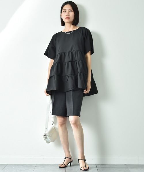 INTERPLANET（インタープラネット）の「麻調シアーティアードブラウス（シャツ/ブラウス・レディース・ブラック/オフホワイト・FREE）」の15枚目の写真