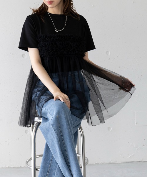 SETUP7(セットアップセブン)の「【SETUP7】フリルチュールドッキングTシャツ 224-841-6182(Tシャツ/カットソー・レディース・ホワイト/ブラック・FREE)」の1枚目の写真