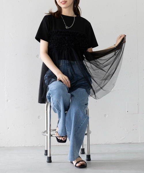 SETUP7(セットアップセブン)の「【SETUP7】フリルチュールドッキングTシャツ 224-841-6182(Tシャツ/カットソー・レディース・ホワイト/ブラック・FREE)」の3枚目の写真