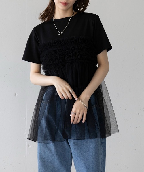 SETUP7(セットアップセブン)の「【SETUP7】フリルチュールドッキングTシャツ 224-841-6182(Tシャツ/カットソー・レディース・ホワイト/ブラック・FREE)」の4枚目の写真