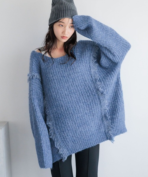 LOWRYS FARM（ローリーズファーム）の「２ＷＡＹフリンジメランジＬＳ　116690（ニット/セーター・レディース・チャコールグレー/ブルー/アイボリー/カーキ/オレンジ・FREE）」の4枚目の写真