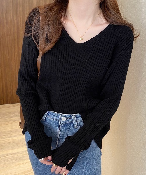 ABITOKYO(アビトーキョー)の「袖ボタンVネックリブニットトップス(ニット/セーター・レディース・グリーン/モカ/アイボリー/カーキ/ブラック・FREE)」の17枚目の写真