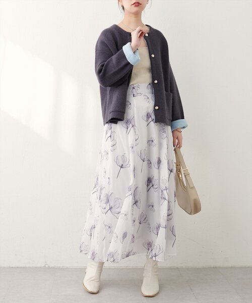 natural couture(ナチュラルクチュール)の「長さ変えれるシアー大花フラワースカート(スカート・レディース・マスタード/イエロー系その他/オフホワイト・FREE)」の7枚目の写真