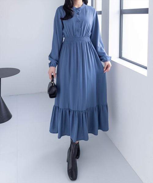 セール】【低身長サイズ有】ウエストリボン裾切替長袖ロング