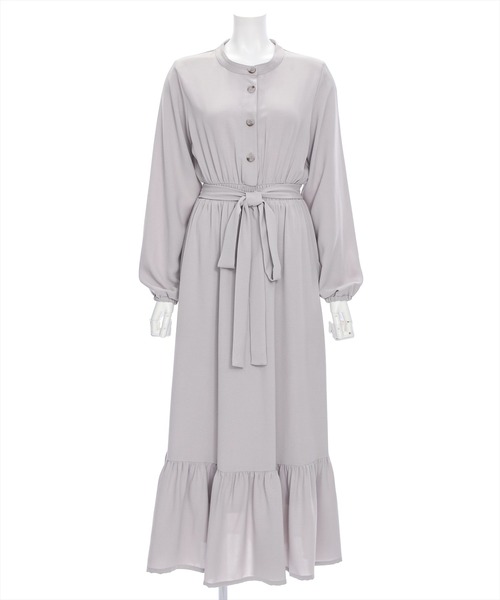 セール】【低身長サイズ有】ウエストリボン裾切替長袖ロングワンピース