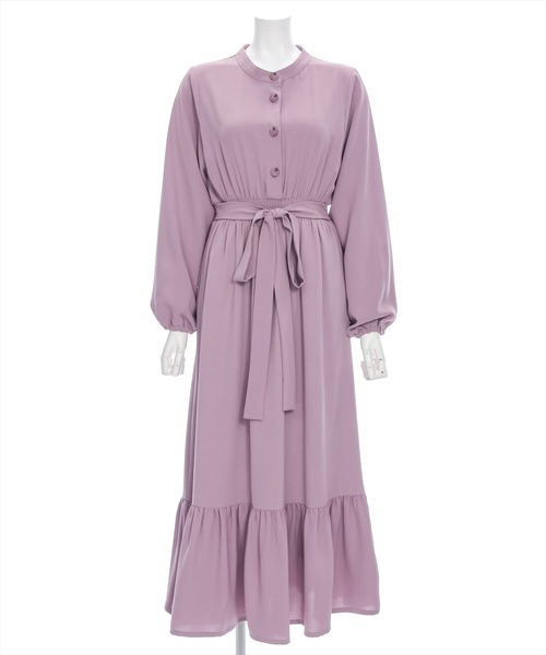 セール】【低身長サイズ有】ウエストリボン裾切替長袖ロングワンピース