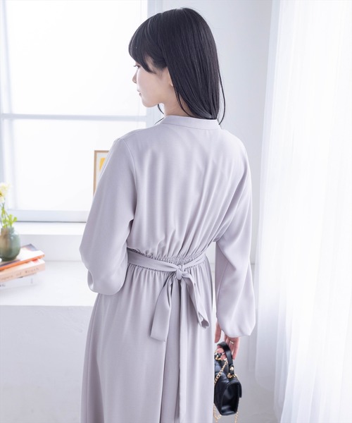 セール】【低身長サイズ有】ウエストリボン裾切替長袖ロングワンピース