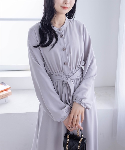 セール】【低身長サイズ有】ウエストリボン裾切替長袖ロングワンピース