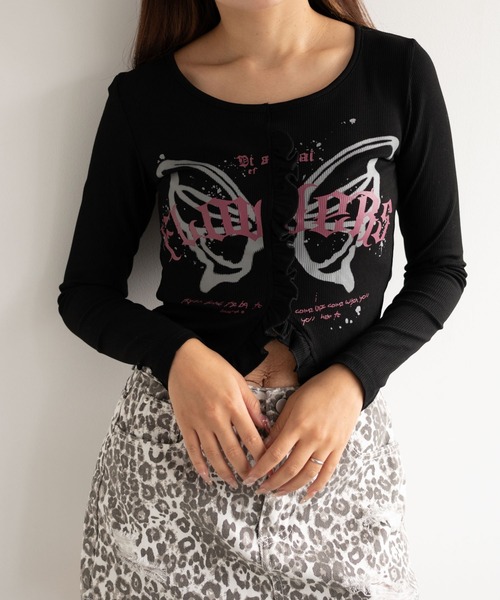 dispark(ディスパーク)の「DISPARK/バタフライプリントフリルトップス(Tシャツ/カットソー・レディース・ブラック/ホワイト・FREE)」の1枚目の写真