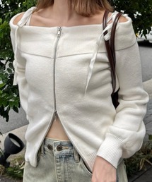 clear | ダブルジップオフショルリボン付きニットトップス [肌見せ スタイルアップ]≪再入荷≫(ニット/セーター)