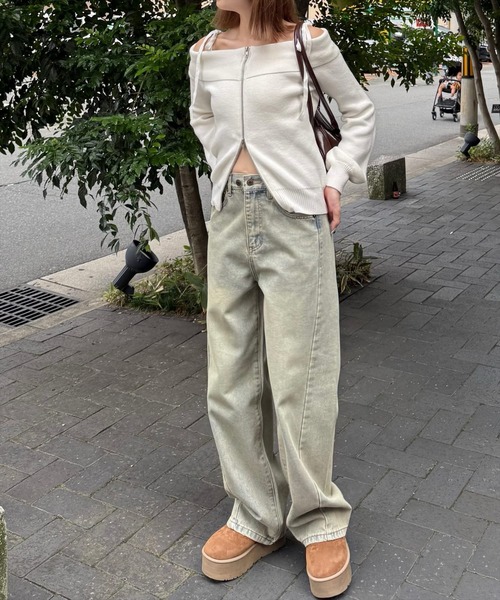 clear（クリア）の「ダブルジップオフショルリボン付きニットトップス [肌見せ スタイルアップ]≪再入荷≫（ニット/セーター・レディース・サックスブルー/アイボリー/グレー/ブラック・F）」の6枚目の写真