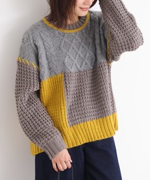 配色パッチワークケーブルニット
