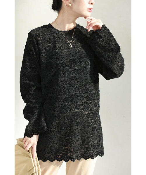 cawaii(カワイイ)の「(黒)ペイズリー柄浮かぶベロア風カットソートップス(Tシャツ/カットソー・レディース・ブラック・FREE)」の10枚目の写真