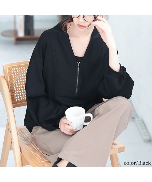 GOLDJAPAN（ゴールドジャパン）の「ハーフジップクロップドプルオーバー【大きいサイズ対応】（Tシャツ/カットソー・レディース・ブラック/カーキ・LL/3L/4L/5L）」の10枚目の写真