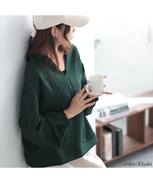 GOLDJAPAN（ゴールドジャパン）の「ハーフジップクロップドプルオーバー【大きいサイズ対応】（Tシャツ/カットソー・レディース・ブラック/カーキ・LL/3L/4L/5L）」の13枚目の写真