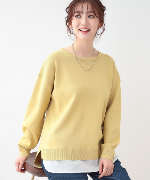 SHOO・LA・RUE（シューラルー）の「【洗える】一枚で簡単こなれ見え スポンディッシュ 裾レイヤード風ニット（ニット/セーター・レディース・ネイビー/ライトブルー/ベビーピンク/ライトグレー/イエロー系その他・01/04/03/02）」の5枚目の写真