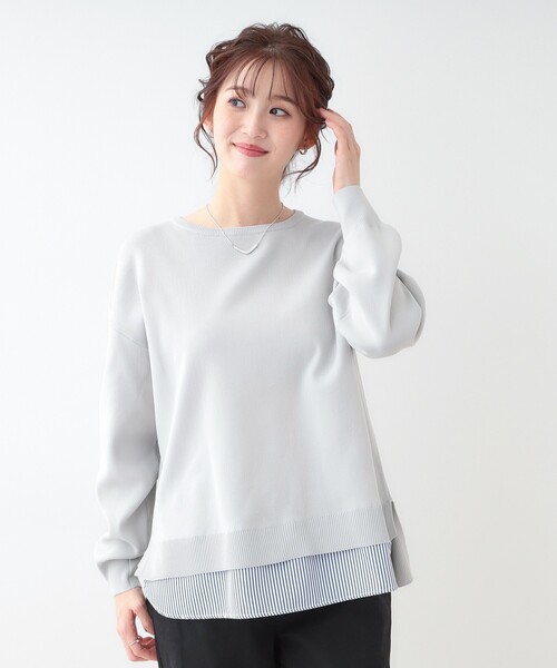 SHOO・LA・RUE（シューラルー）の「【洗える】一枚で簡単こなれ見え スポンディッシュ 裾レイヤード風ニット（ニット/セーター・レディース・ネイビー/ライトブルー/ベビーピンク/ライトグレー/イエロー系その他・01/04/03/02）」の6枚目の写真