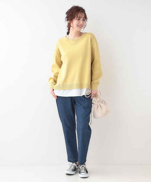 SHOO・LA・RUE（シューラルー）の「【洗える】一枚で簡単こなれ見え スポンディッシュ 裾レイヤード風ニット（ニット/セーター・レディース・ネイビー/ライトブルー/ベビーピンク/ライトグレー/イエロー系その他・01/04/03/02）」の12枚目の写真