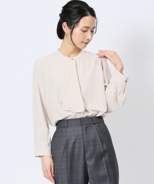 【ストレッチ マシンウォッシャブル】m.f.エディトリアル レディース ラッフルフリル バンドカラー 8分袖プルオーバーブラウス（シャツ/ブラウス）｜m.f.editorial（エムエフエディトリアル）