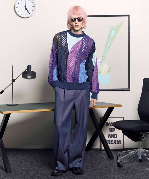 MAISON Special セットアップ　パープル セール】《UNISEX》Prime-Over Mesh Intarsia Crew Neck Knit