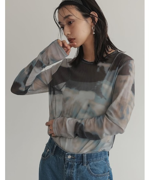Re:EDIT（リエディ）の「[2025SS COLLECTION]ニュアンス柄シアーロングＴシャツ（Tシャツ/カットソー・レディース・ブルー/オレンジ・MEDIUM/LARGE）」の21枚目の写真