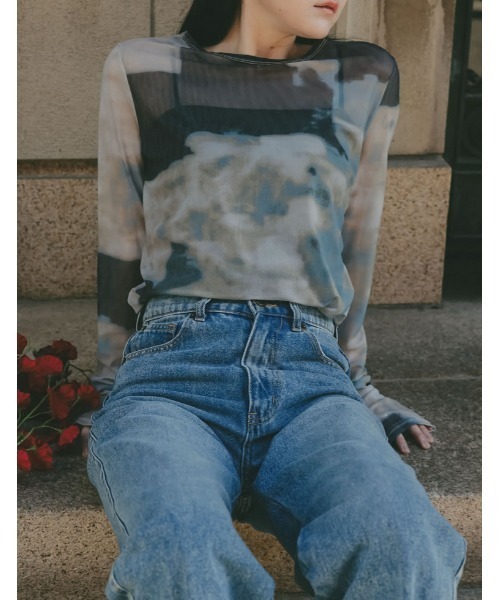 Re:EDIT（リエディ）の「[2025SS COLLECTION]ニュアンス柄シアーロングＴシャツ（Tシャツ/カットソー・レディース・ブルー/オレンジ・MEDIUM/LARGE）」の3枚目の写真