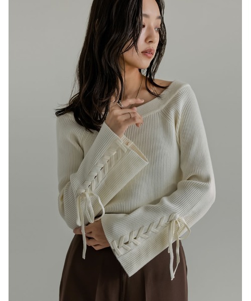 セール】マルチウェイボートネックリボンスリーブリブニットトップス