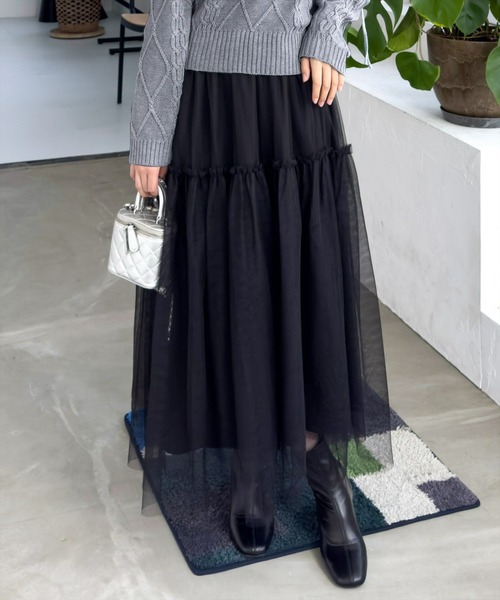 CLEAR BASIC（クリアベーシック）の「【低身長サイズ有】チュールティアードスカート[着回し力万能 ふんわり ボリューム]≪SS新作≫（スカート・レディース・ブラック/シルバー/アイボリー・F/XS）」の2枚目の写真