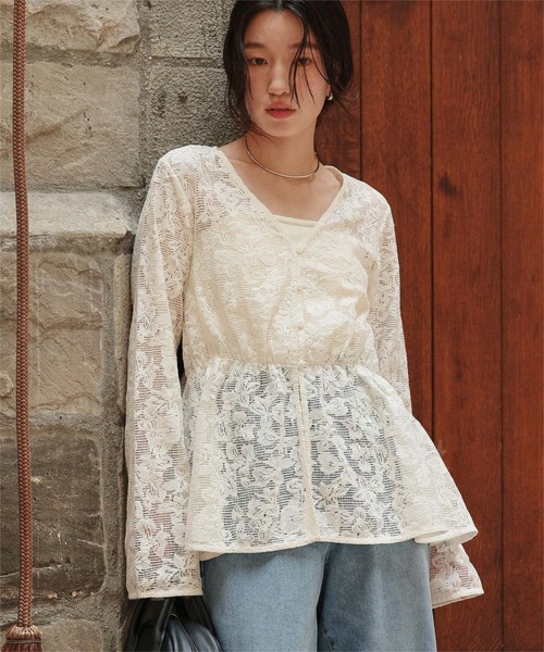 セール】Vネックペプラムデザインレースブラウス（シャツ