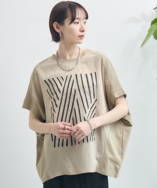 Paradise Picnic(パラダイスピクニック)の「異素材切替プリントTシャツ(Tシャツ/カットソー・レディース・ベージュ/ホワイト/ブラック・FREE)」の3枚目の写真